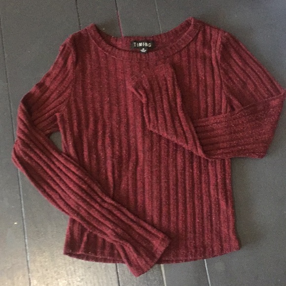 Timing Tops - Cropped Dark Red Long Sleeve Rib Knit Sweater